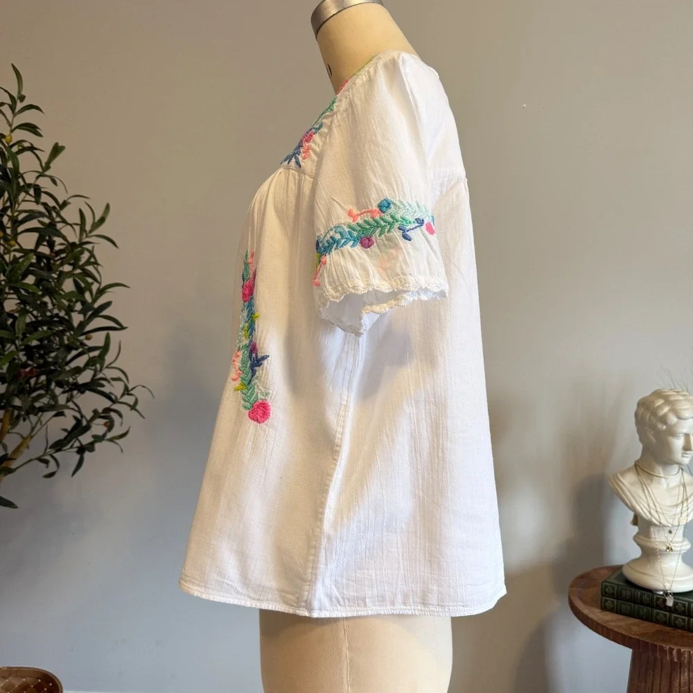 Lilly Pulitzer Tamryn Top White Floral Embroidered Square Neck Peasant Blouse M - Picture 4 of 11